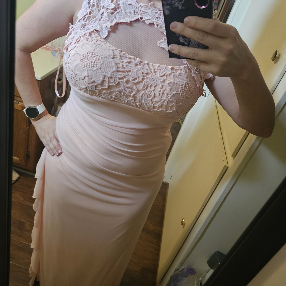 Betsy & Adam One Shoulder Pink Lace Dress